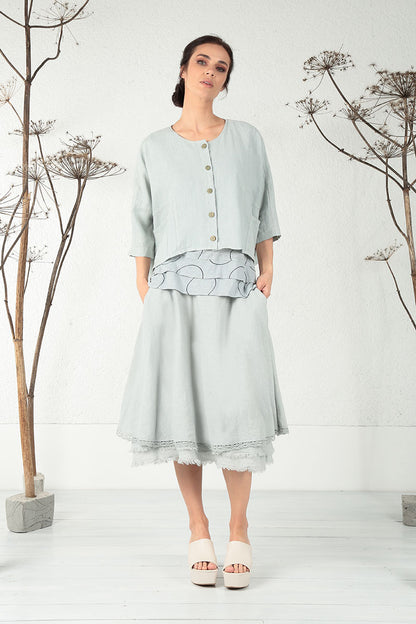 Flared Light Grey Linen Midi Skirt 4