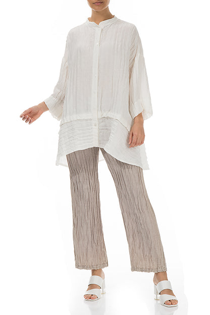 Flared Crinkled Off White Silk Linen Shirt 5