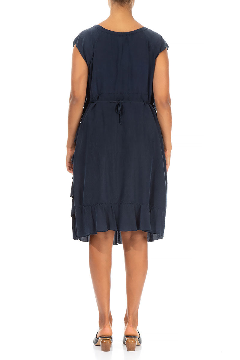 Frilled Navy Silk Bamboo Dress 2