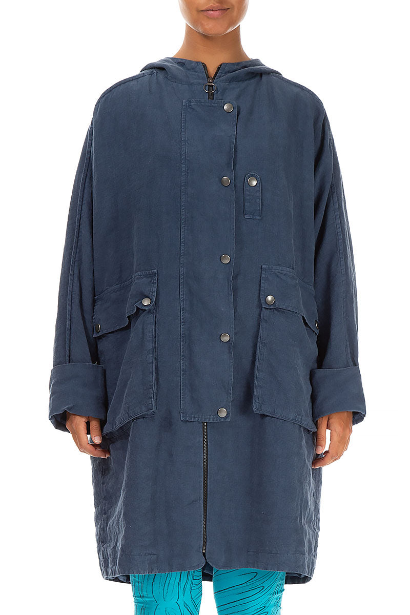 Hooded Back Pocket Denim Blue Linen Jacket 1