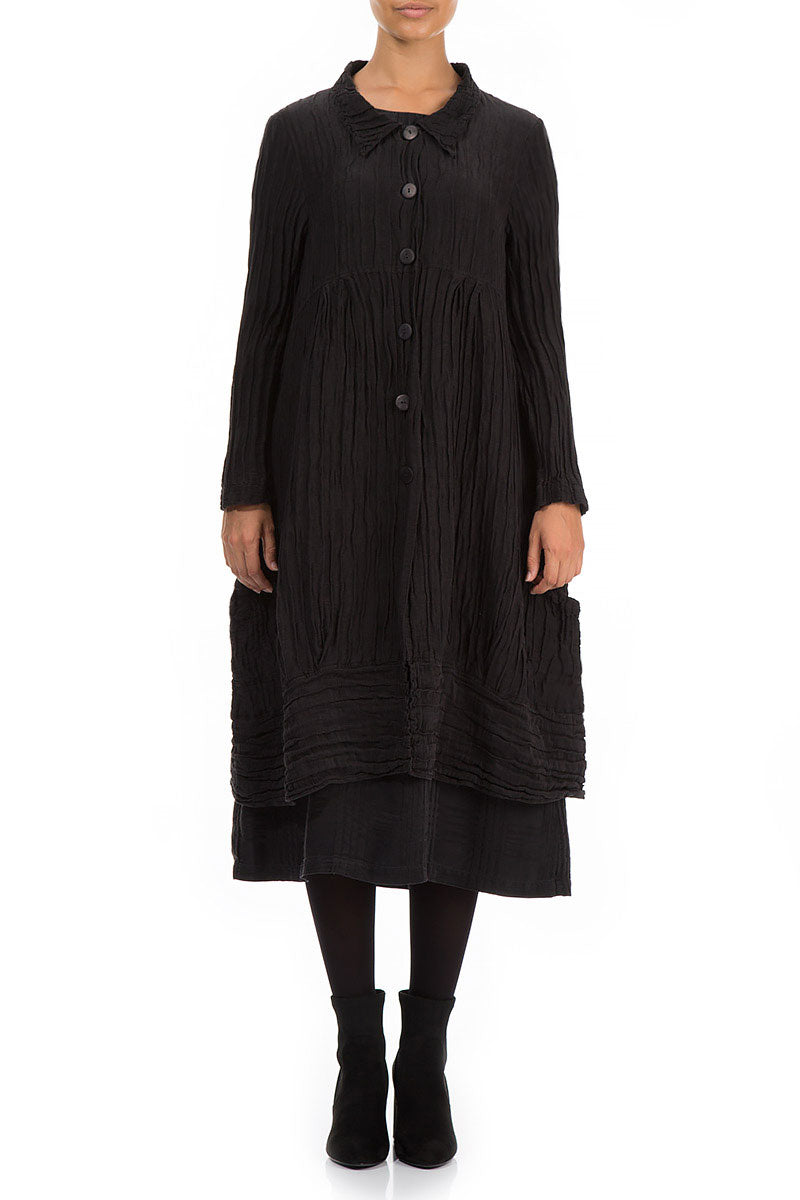 Long Crinkled Black Silk Linen Jacket 1