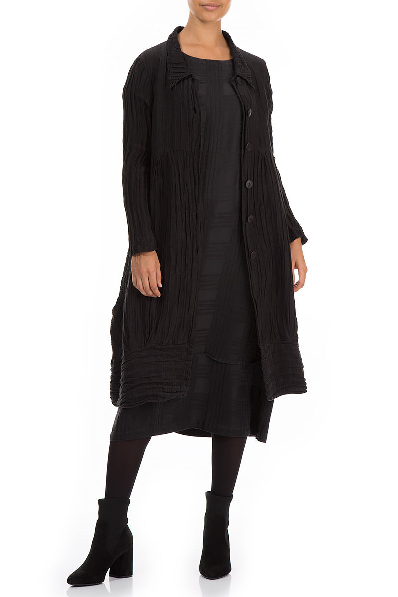 Long Crinkled Black Silk Linen Jacket 3