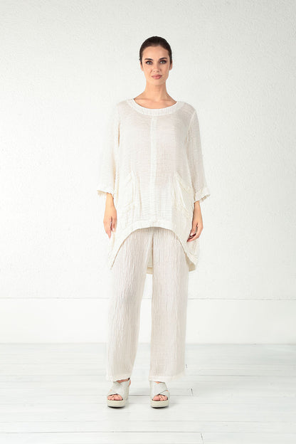 Straight Crinkled Off White Silk Trousers 4
